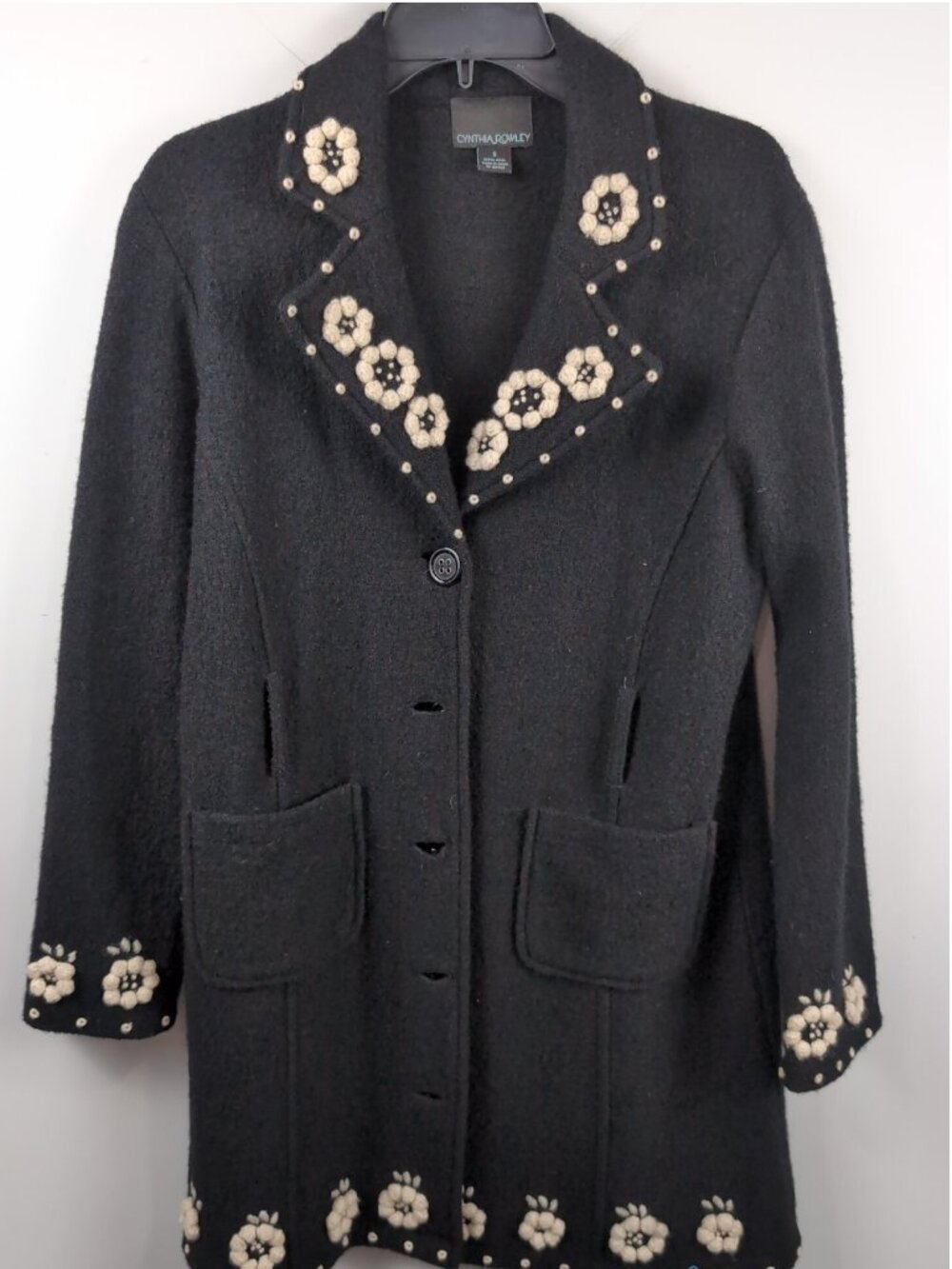 Cynthia Rowley Black 100% Wool Floral Embellished Mid Length Coat Small